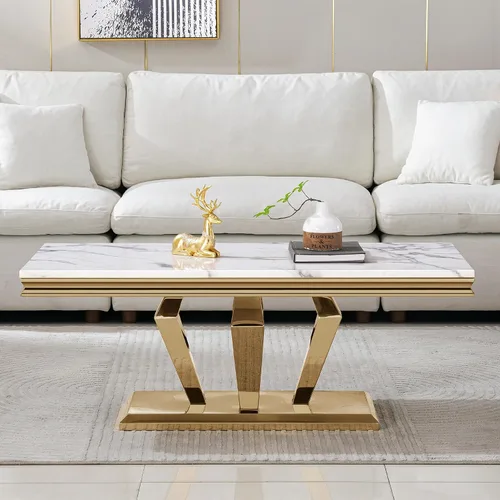 Vista 15 de SSLine Moderna mesa de centro de 1 pieza para sala de estar, mesa de centro de lujo de mármol sintético con patas de acero inoxidable en forma de S