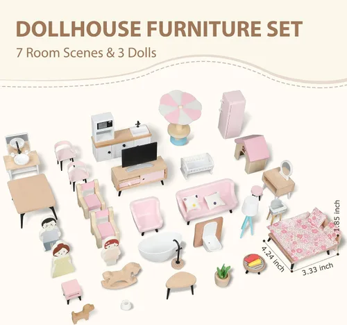 Vista 2 de Juego de muebles de madera para casa de muñecas Pithfor, accesorios y muebles para casa de muñecas, con 7 habitaciones, 3 muñecas, incluye juego