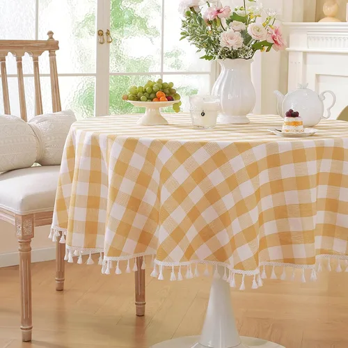 Vista 24 de Laolitou Mantel redondo a cuadros verde, de lino y algodón, con borla, a cuadros de búfalo, lavable, mantel de gingham para sala de estar