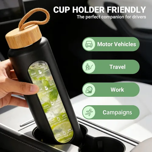 Vista 5 de Sursip Botella de agua de vidrio de 32 onzas, marcador de tiempo con funda y tapa de silicona Botella motivacional de 1 litro sin BPA, a prueba