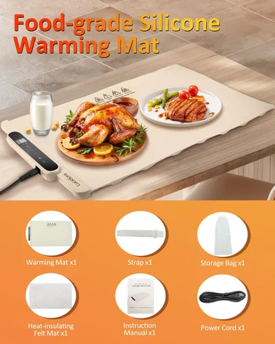 Vista 7 de Tapete de calentamiento de alimentos, calentador eléctrico enrollable de alimentos, 10 niveles de temperatura y temporizador de 10 horas, bandeja
