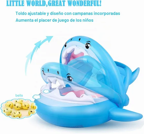 Vista 3 de Flotador de piscina para bebés con toldo inflable de tiburón para niños de 6 a 36 meses