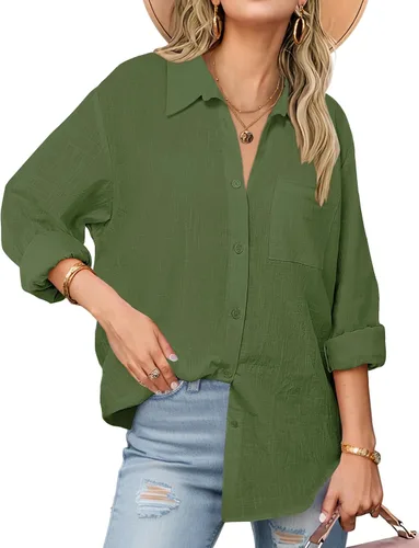 Vista 17 de Zeagoo - Blusas de lino con botones para mujer, de gasa, algodón, manga larga, blusas informales con cuello, corte holgado