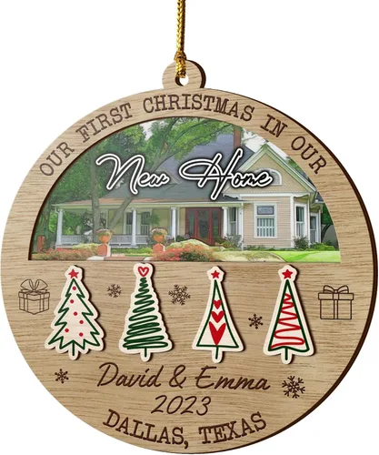 Vista 14 de V VIBEPY Adornos personalizados para casa nueva, adornos de Navidad para el hogar, adornos de madera de Navidad, 3.5 pulgadas, adornos de 3 capas