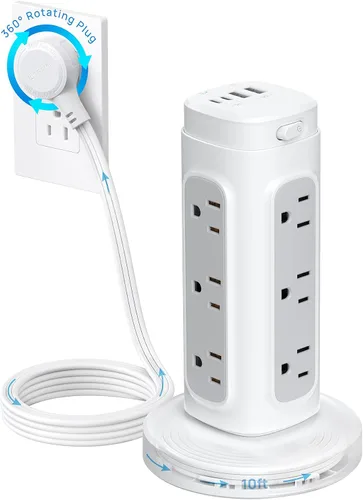 Vista 13 de TROND Torre de Regleta de Alimentación Retráctil – Regleta protectora de sobretensiones de enchufe plano con USB C PD de 20 W, cable de extensión