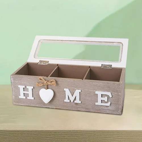 Vista 4 de Wooden Tea Box Storage Holder Organizer Container with Lightweight Structure and Secure Lid Suitable for Jewelry Organizer Display Home, 3 Grid