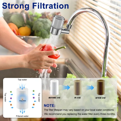 Vista 5 de Filtro de agua de montaje en grifo para fregadero, elimina flúor y cloro metales pesados, filtro giratorio de 720° con 2 filtros de repuesto, 2