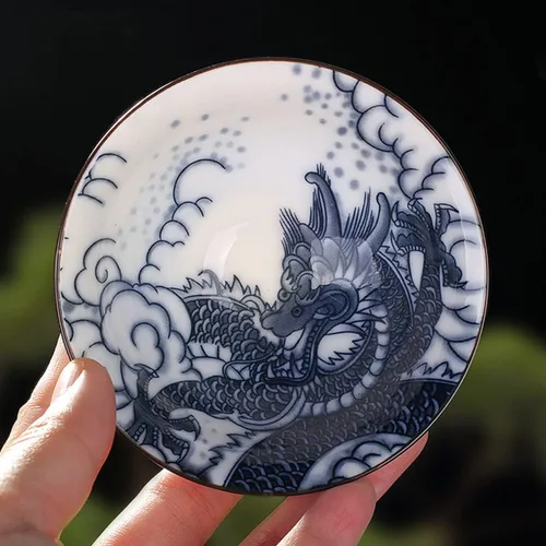 Vista 2 de Dargon - Juego de 4 tazas para sombreros de 2.8 onzas, taza de té esmaltada de porcelana azul y blanca