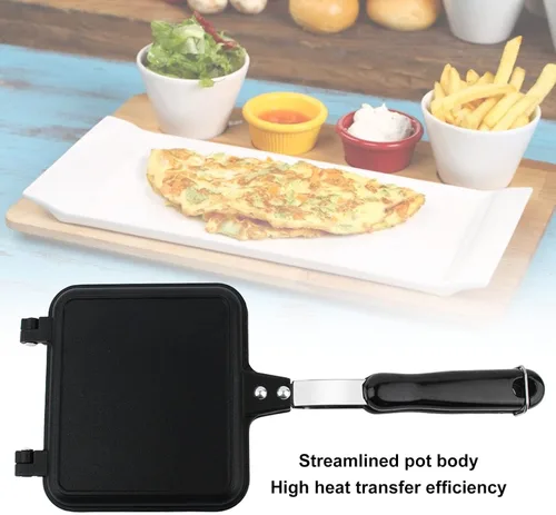 Vista 4 de Zerodis Sartén de doble cara antiadherente, sartén abatible para desayuno, sandwichera con placa de parrilla de hierro fundido, prensa Panini