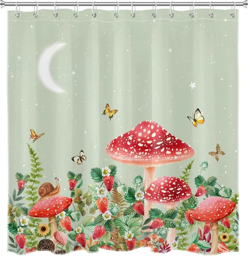 Vista 4 de Cortina de ducha con diseño de hongos y rana, planta verde salvia y mariposa de fresa sobre verde, cortina de ducha con ganchos, juego de cortinas