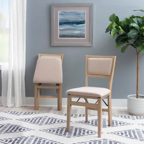 Vista 4 de Linon Keira Sillas plegables de madera rústica natural con asiento y respaldo acolchados en beige – Conjunto de 2