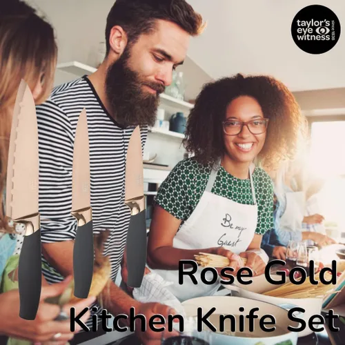 Vista 2 de Juego de 3 cuchillos de cocina de regalo - Brooklyn por Taylors Eye Witness. Refuerzos de color oro rosa, hojas afiladas como navajas finamente