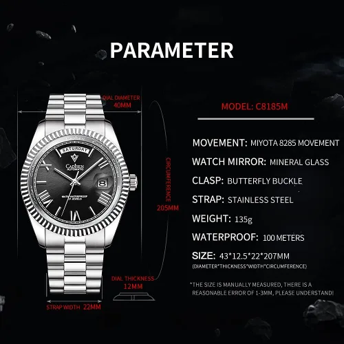 Vista 2 de CADISEN Reloj mecánico automático para hombre, reloj de pulsera MIYOTA 8285 impermeable para hombre