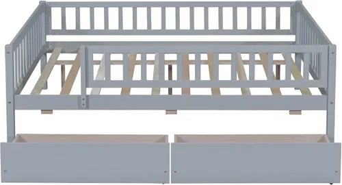 Vista 7 de Harper & Bright Designs Base de cama para niños de tamaño matrimonial con 2 cajones, sofá cama matrimonial de madera con valla, marco de cama
