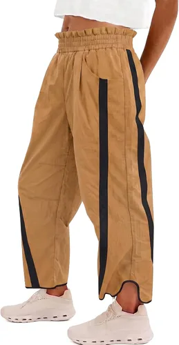 Vista 14 de Fisoew Pantalones deportivos holgados de pierna ancha para mujer, cintura Verde militar