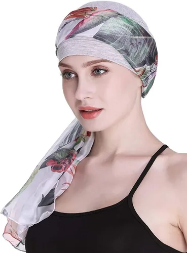 Vista 6 de Elegante gorro de quimioterapia con bufandas sedosas para mujeres con cáncer para pérdida de cabello