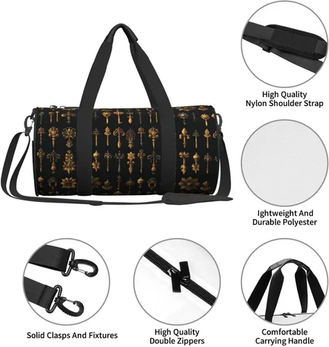 Vista 4 de Large Duffle Bag for Travel - Retro Gold Key Print Gym Bag for Women Men, Travel Foldable Bags for Women Men with Zippered Multiple Pockets