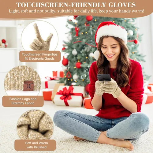 Vista 3 de Conjunto de bufanda larga de punto acanalado con forro polar y gorro para pantalla táctil, regalos para mujer