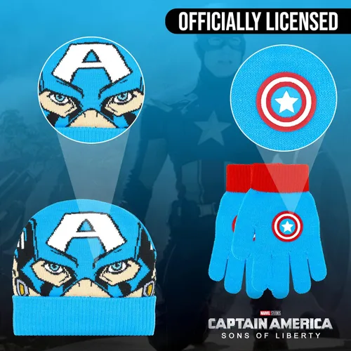 Vista 5 de Marvel Avengers - Juego de sombreros de invierno y guantes de nieve para niños y niños pequeños con lindos guantes y gorro suave pompones esponjosos
