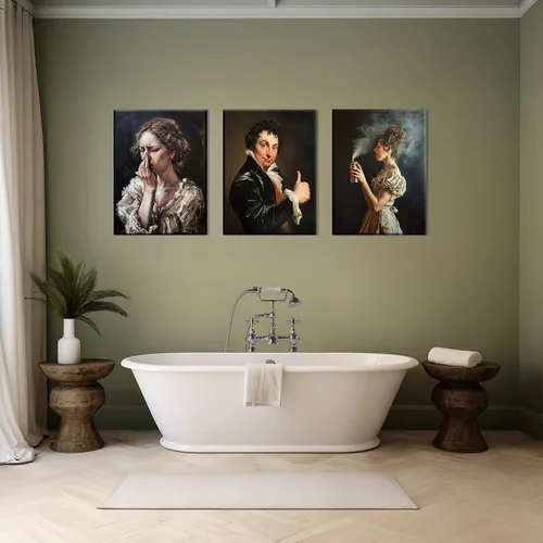 Vista 4 de PAINURA Juego de 3 impresiones en lienzo para pared de baño, retro, vintage, impermeables, perfectas para baño, cocina, sala de estar, dormitorio