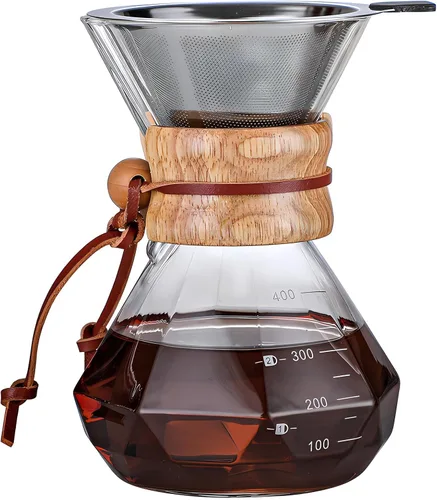 Vista 8 de Cafetera de goteo con filtro de goteo reutilizable de acero inoxidable, jarra de café de vidrio de borosilicato sin plomo con cuello de madera