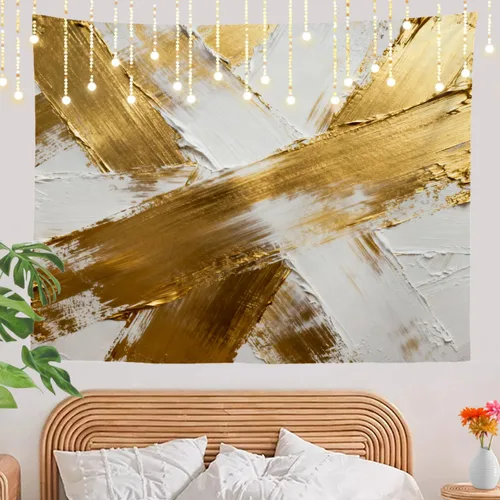 Vista 7 de Shrahala Retro Paint Abstract Tapestry, White Gold Oil Painted Work Rustic Wall Hanging Hd Print Polyester Backdrop For Dorm Room Bedroom 30 X 40 In