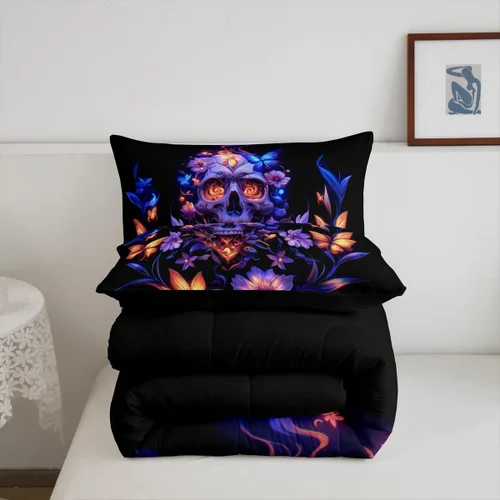 Vista 6 de Erosebridal Juego de ropa de cama de calavera gótica, flores mandala, mariposa hippie para niñas y niños, edredón de esqueleto de la muerte de Negro