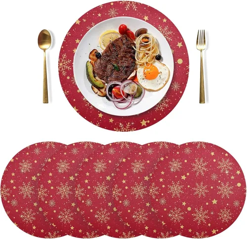 Vista 3 de Elegante mantel individual redondo con copos de nieve dorados, antideslizantes, lavables, para mesa de cocina, talla 1 x 4