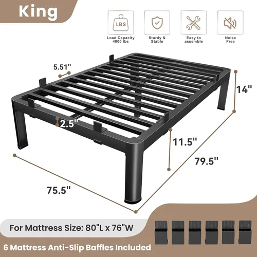 Vista 65 de MAF - Base de cama de plataforma de 14 pulgadas para cama individual con listones de madera, base de cama de metal resistente de 3500 libras