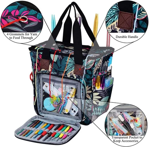 Vista 4 de Coopay Bolsa de ganchillo y tejer, organizador de viaje para manualidades, ganchos, agujas, madejas, pintura de diamantes, suministros (verde bosque)