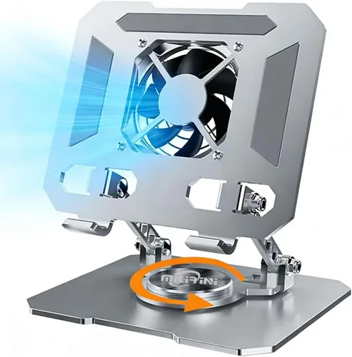 Vista 4 de Soporte de tableta giratorio de 360° doble para escritorio con base de acero al carbono, soporte para tableta de mesa con doble varilla ajustable