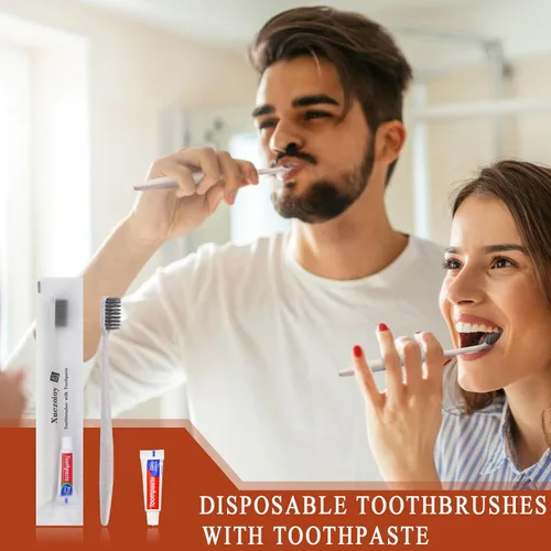 Vista 2 de Cepillos de dientes desechables con pasta de dientes, paquete de 30 cepillos de dientes desechables de albaricoque envueltos individualmente a