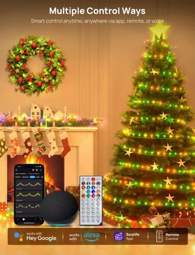 Vista 3 de Luces de hadas inteligentes para árbol de Navidad de 65.6 pies, 200 LED, RGB+IC que cambian de color, luces de cadena navideñas, control por