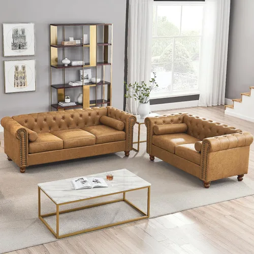 Vista 7 de Sofá de dos plazas de cuero aireado capitonado, sofá de brazo enrollado con adornos de cabeza de clavo y 2 almohadas de cuello enrollado, decoración