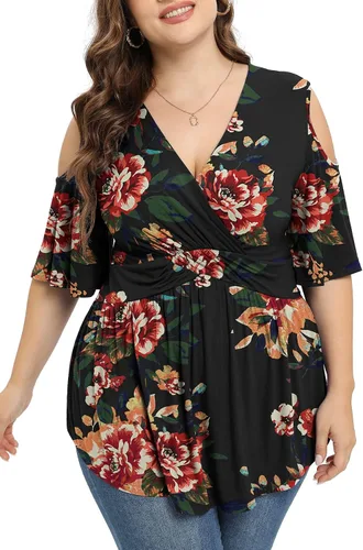 Vista 3 de TIANZHU Camisetas de talla grande para mujer, sexy, con cintura imperio, camisas de manga corta con detalle de hombros descubiertos