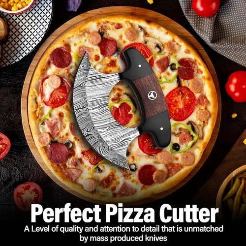 Vista 6 de Damascus Ulu Cuchillo hecho a mano de 5.5 pulgadas, cortador de pizza de Alaska, pequeño cuchillo Ulu con funda, regalo ideal de Alaska para picar