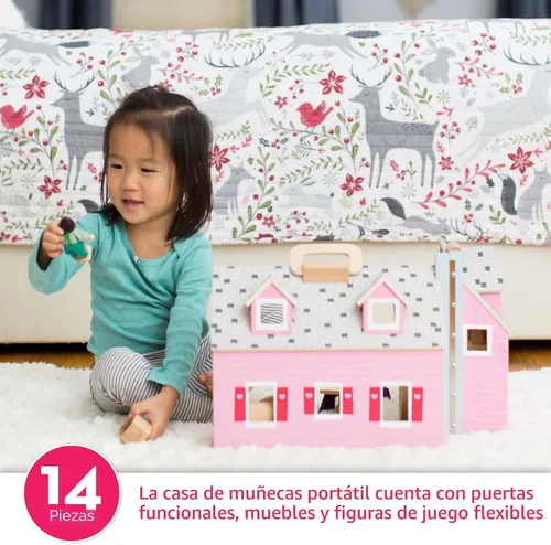 Vista 2 de Casa de muñecas de madera Fold and Go de Melissa & Doug con 2 muñecas y muebles de madera