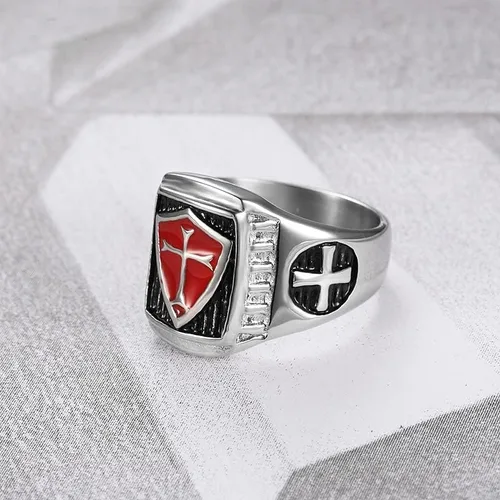 Vista 5 de pickyegg.com Anillo de caballeros templarios con escudo para hombre, acero inoxidable, plateado, talla 7-15