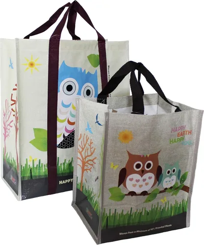 Vista 7 de Juego combinado laminado XL y mini bolsas de compras reutilizables tejidas para comestibles, hechas con un mínimo de 95% de plástico reciclado