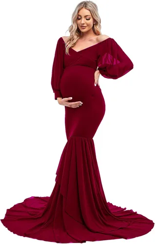 Vista 3 de ZIUMUDY Vestido de sirena ajustado de maternidad para sesión de fotos, manga larga, falda de gasa escalonada, vestido de accesorios para fotos