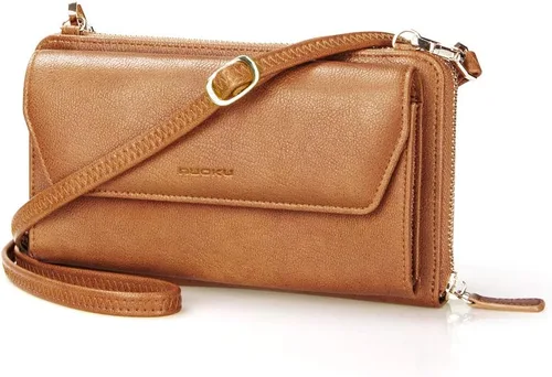 Vista 19 de nuoku Cartera RFID para Mujer Monedero Muñequera Bandolera Clutch con Cremallera Perimetral 2 Correas Negro
