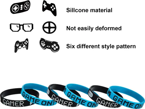 Vista 4 de JOVITEC 48 bandas para recuerdos de fiesta de juegos, pulsera de goma para videojuegos, suministros de pulseras de fiesta de video (azul, negro)
