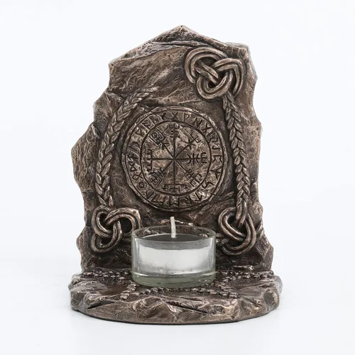 Vista 6 de Veronese Design Portavelas Viking Vegvisir Runestone de 5 3/4 pulgadas de alto con acabado de bronce