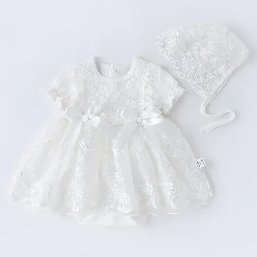 Vista 2 de Vestido de bautizo suave para bebé recién nacido, para Navidad, cumpleaños, Navidad, cumpleaños, con estampado de flores, con gorro