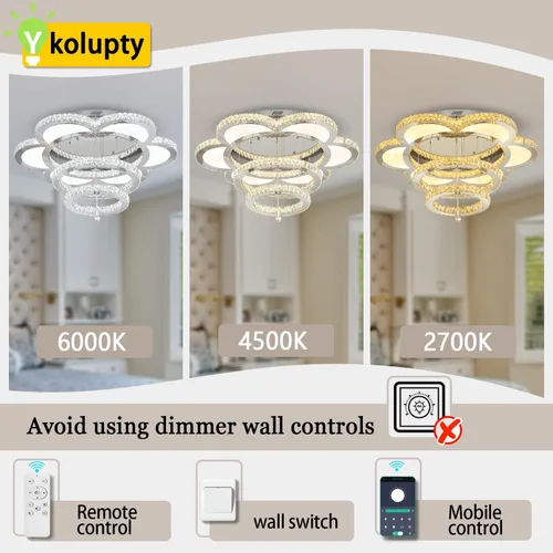 Vista 4 de W40 - Lámpara de araña de cristal moderna de montaje empotrado con control remoto para sala de estar, cocina, isla, dormitorio, pasillo, entrada