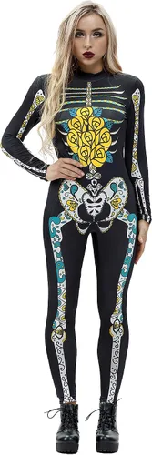 Vista 9 de Honeystore - Enterizo para disfraz de esqueleto para mujer, para Halloween, malla entera, leotardo, para cosplay Color06