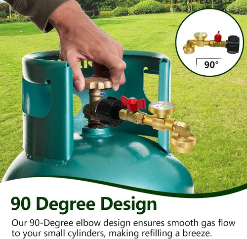 Vista 2 de Adaptador de recarga de propano para tanques de 1 lb, adaptador de propano de 20 lb a 1 lb con válvula de medición, adaptador de codo de recarga