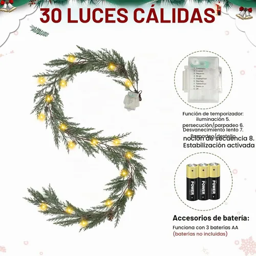 Vista 5 de Guirnalda de Navidad de 6 pies con luces, 30 luces cálidas con 8 modos