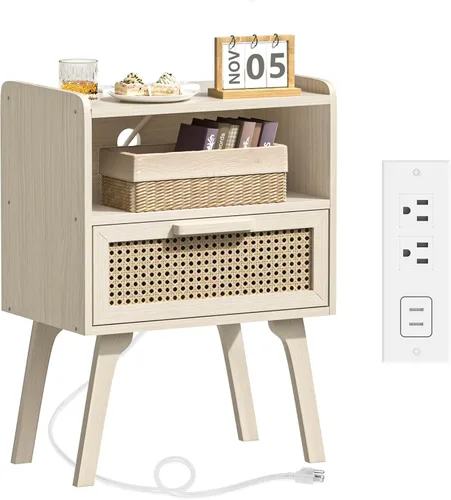 Vista 15 de Lerliuo Rattan Nightstand with Charging Station, Boho Night Stand Natural