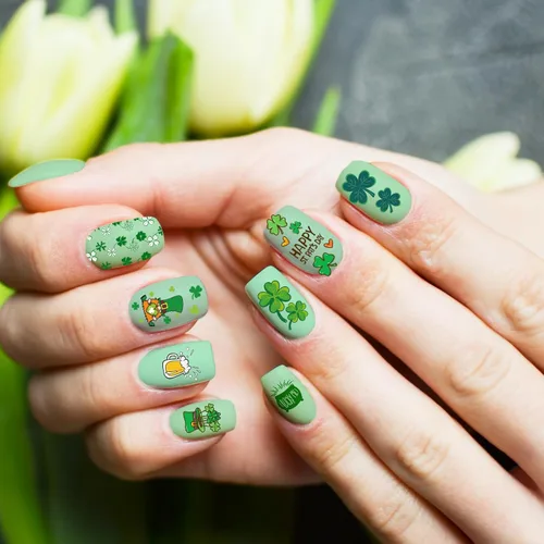 Vista 5 de Whaline Juego de 10 placas de estampado de arte de uñas del día de San Patricio, plantillas de sello de imagen de gnomo de trébol, trébol